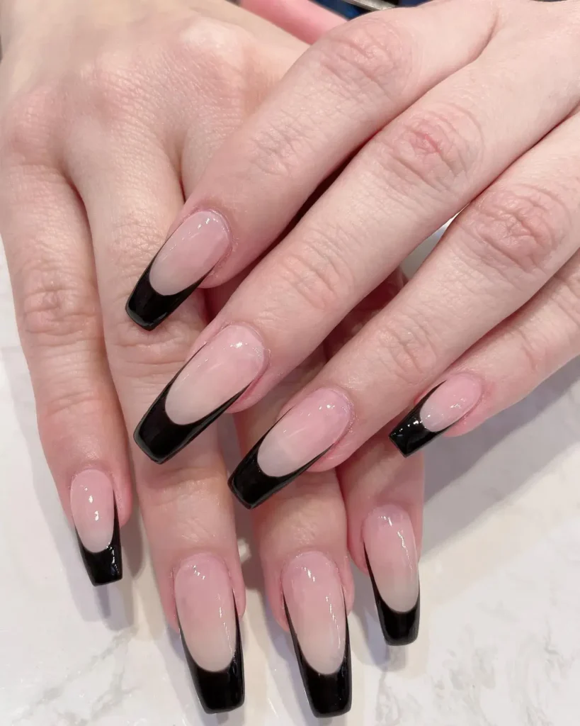 black coffin french tip nails