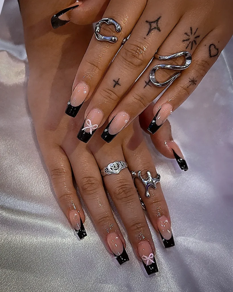 bow-adorned black french tip nail designs