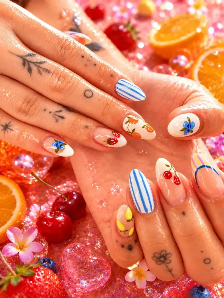 Cute Summer Nail Designs 2026: 200+ Inspo, Trends, and Expert Tips for Every Style 59 fruit-and-stripe combo summer nails