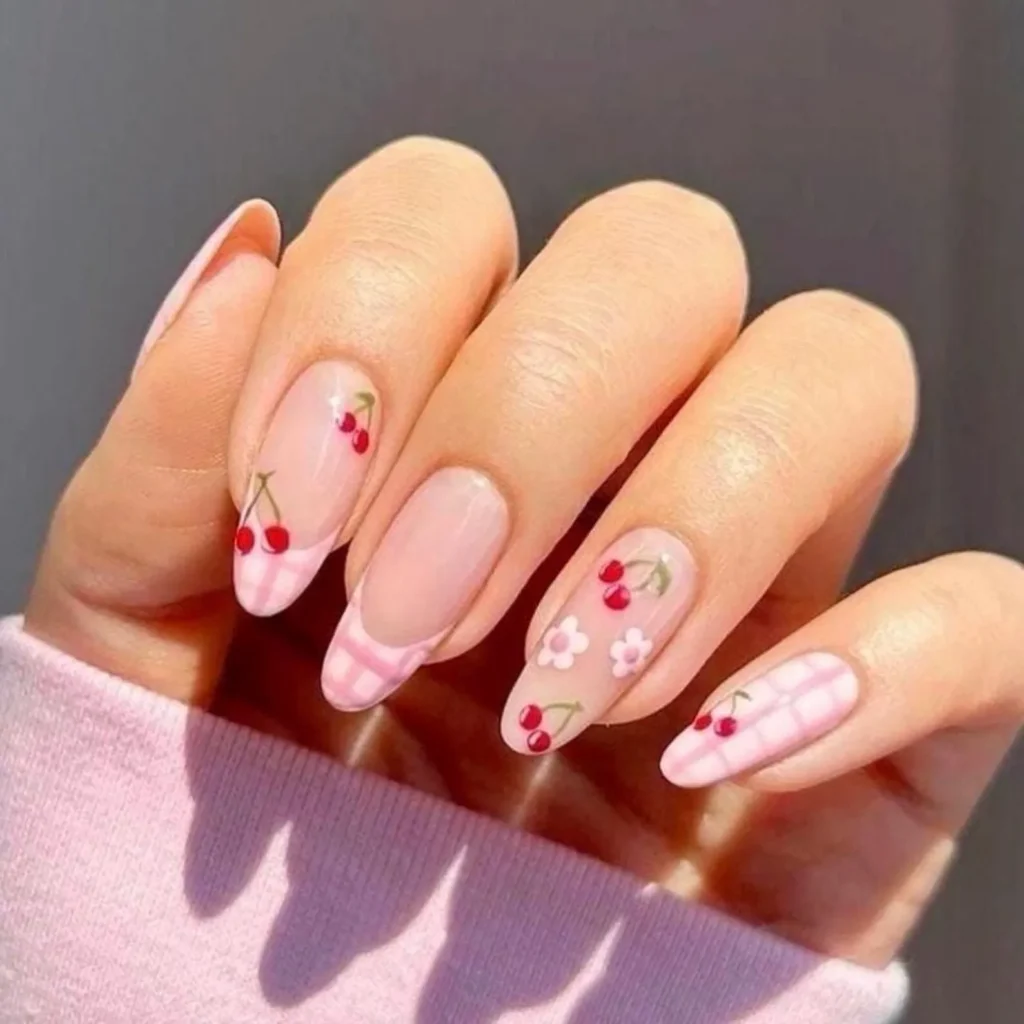 gingham pink french tip nail designs
