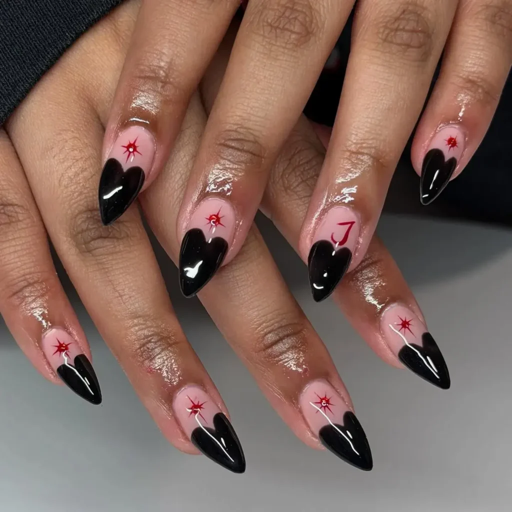 heart accents black french tip nail designs