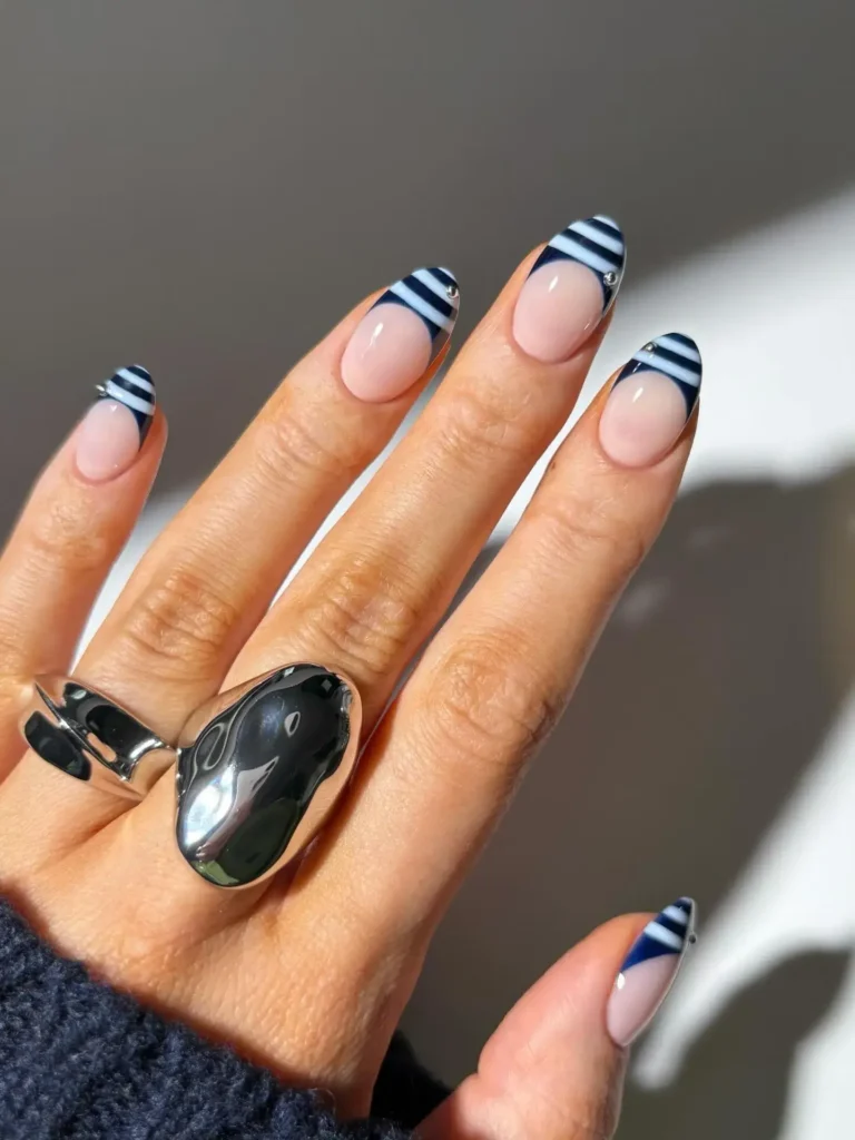 Cute Summer Nail Designs 2026: 200+ Inspo, Trends, and Expert Tips for Every Style 171 navy & white pinstripe summer nails