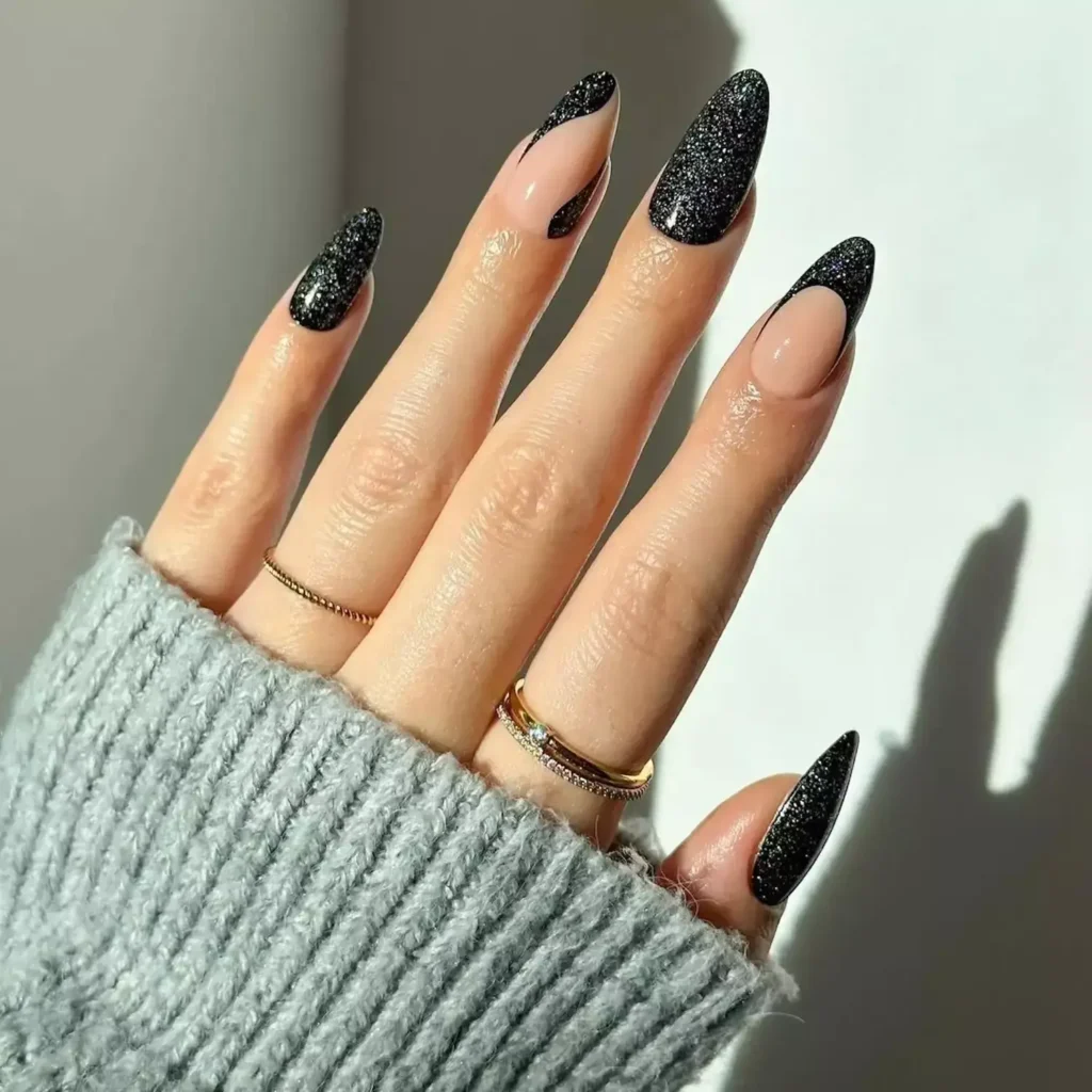 Fall Nail Design Inspo and Colors 2026: Shades, Techniques, and Looks for Every Nail 42 negative space black glitter fall nail designs