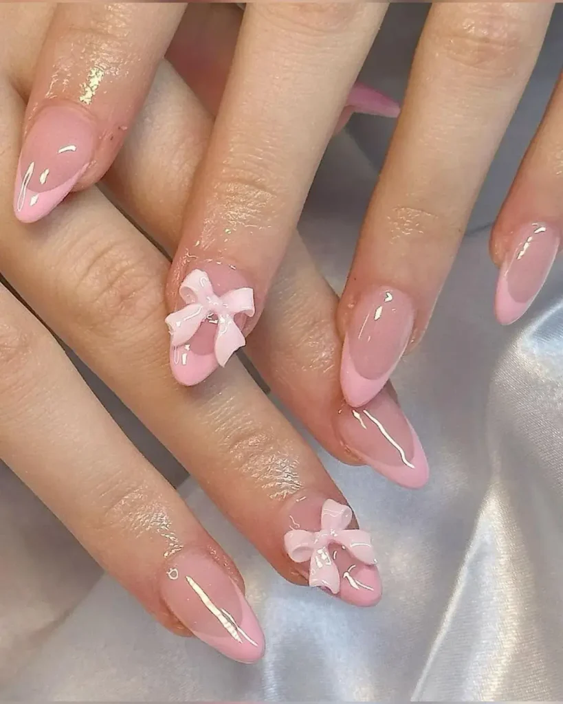 pink bow details french tip nail designs