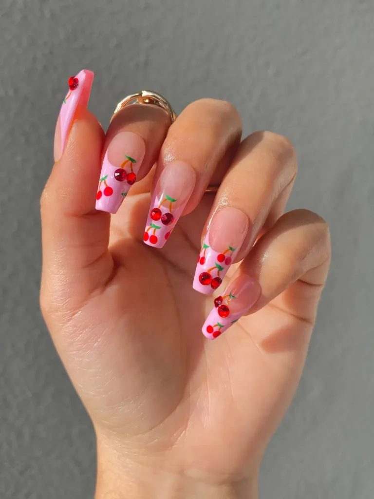 pink cherry accents french tip nail designs