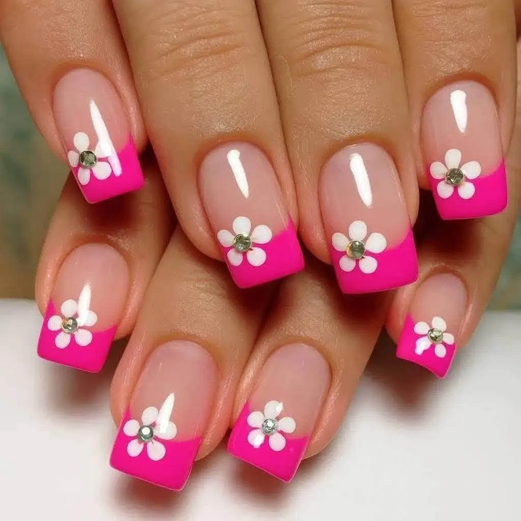 pink daisy or floral french tip nail designs