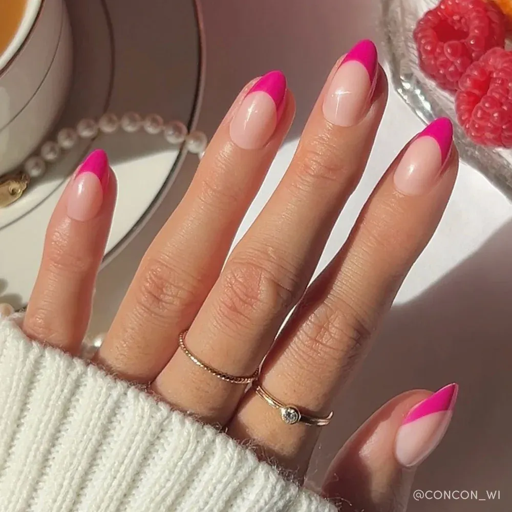 pink french tip nails almond