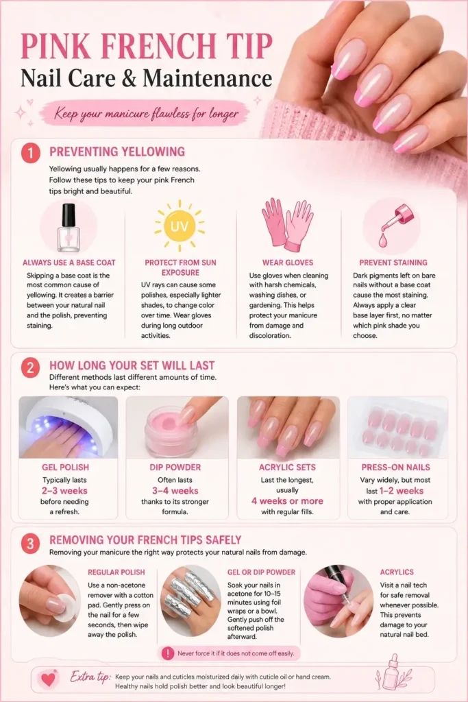 pink french tip nails care & maintenance