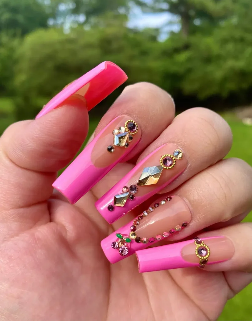 prom-ready bejeweled pink french tip nail designs