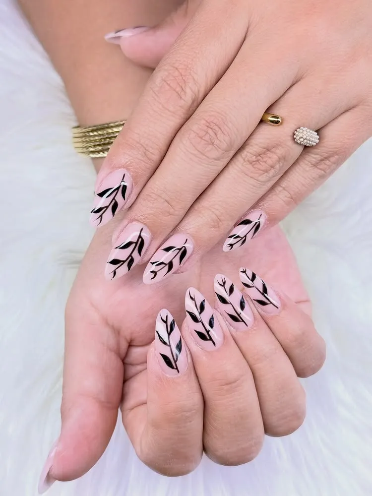 Fall Nail Design Inspo and Colors 2026: Shades, Techniques, and Looks for Every Nail 40 sheer pink fall nail designs with black leaf sprigs