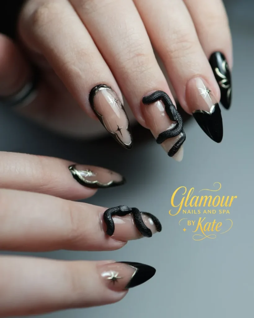 snakeskin black french tip nail designs