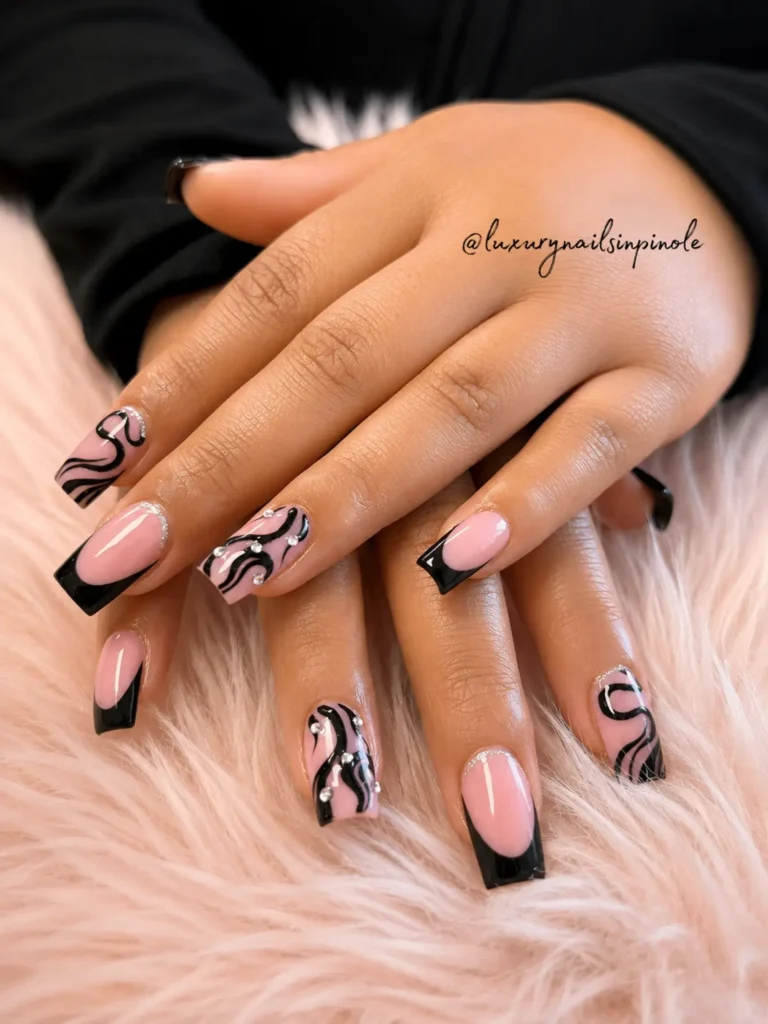 swirls and abstract black french tip nail designs