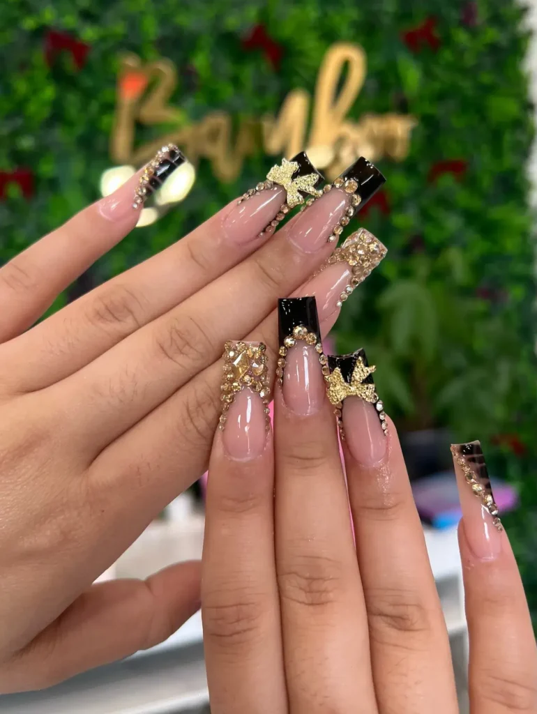 tiny metal or acrylic charms black french tip nail designs