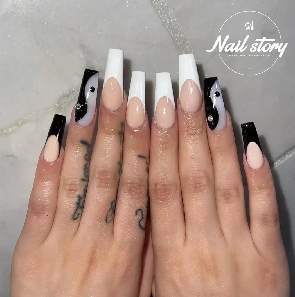 two-toned or yin-yang black french tip nail designs