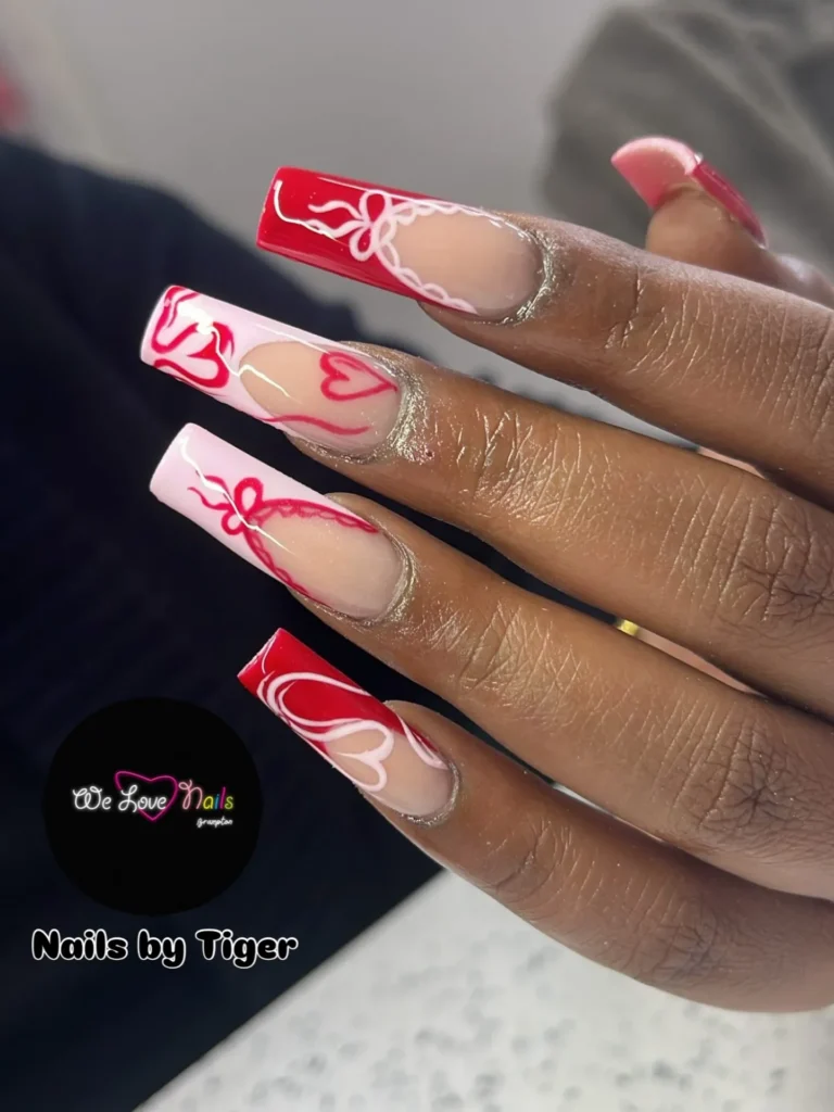 airbrush hearts red french tip nails