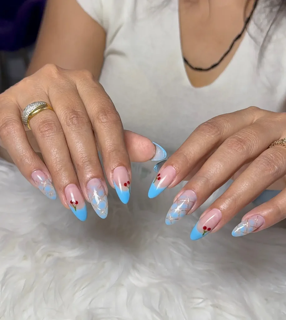almond blue french tip nails
