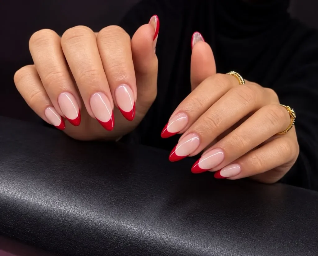 almond red french tip nails