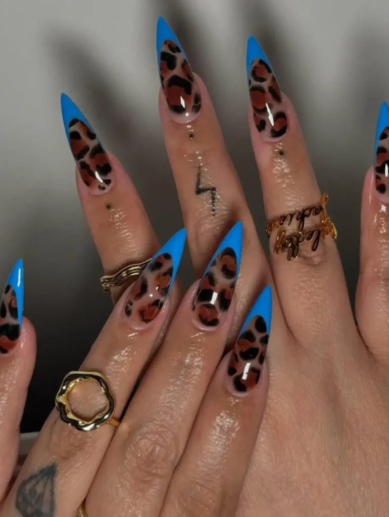 animal print blue french tip nails