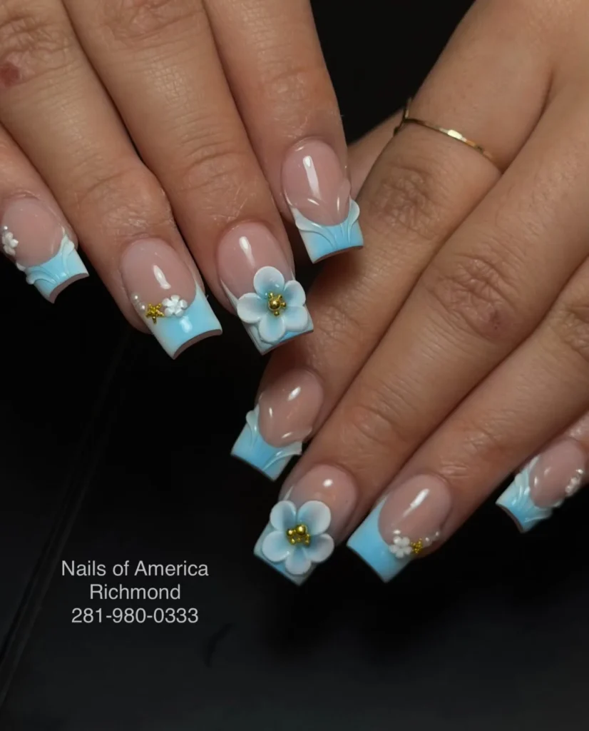 baby blue with 3d florals french tip nails