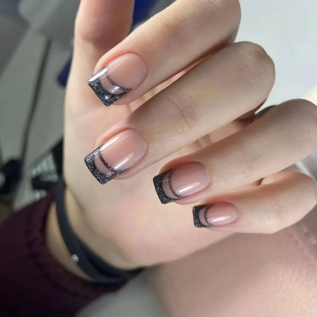 bejeweled black short french tip nails