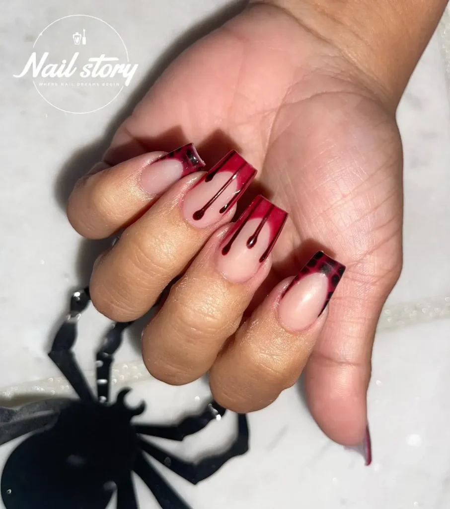 blood drip red french tip nails