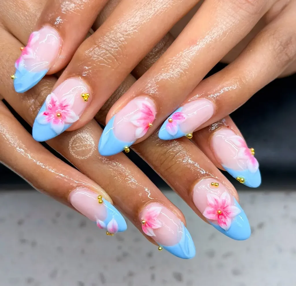 blue and pink french tip nails