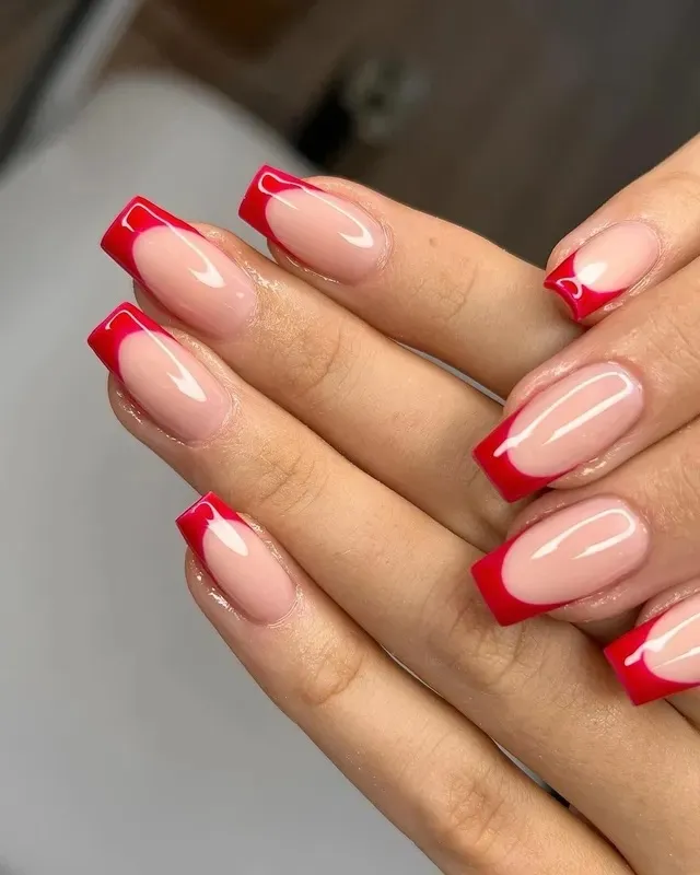 bold color block red french tip nails