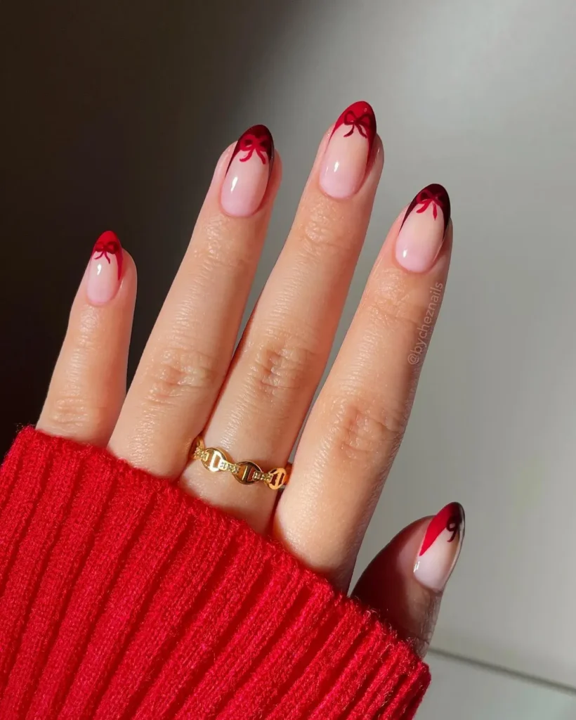 bow accents red french tip nails