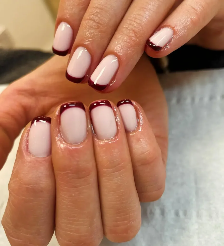 burgundy short french tip nails