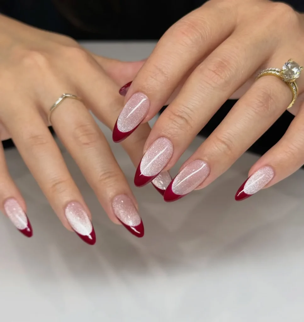 cat-eye base red french tip nails