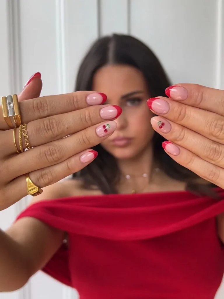cherry accents red french tip nails