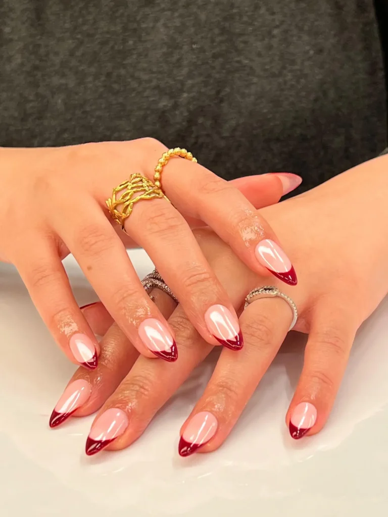 chrome rings red french tip nails