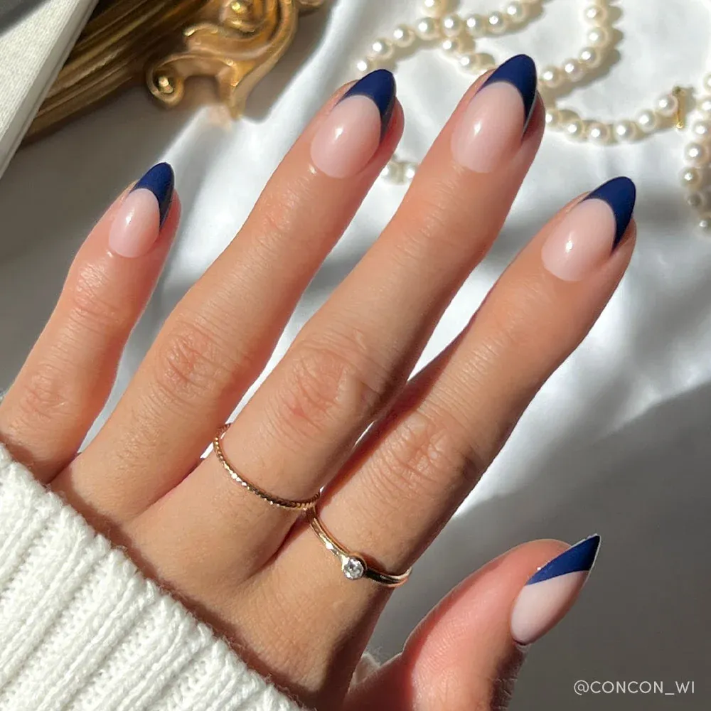clean royal blue on almond french tip nails