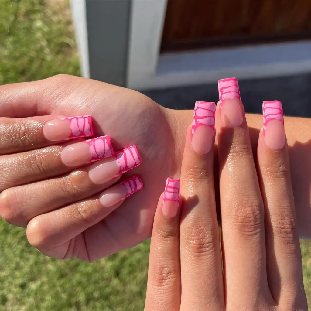 Pink French Tip Nails | Nail Inspo 32 crocodile print pink french tip nails