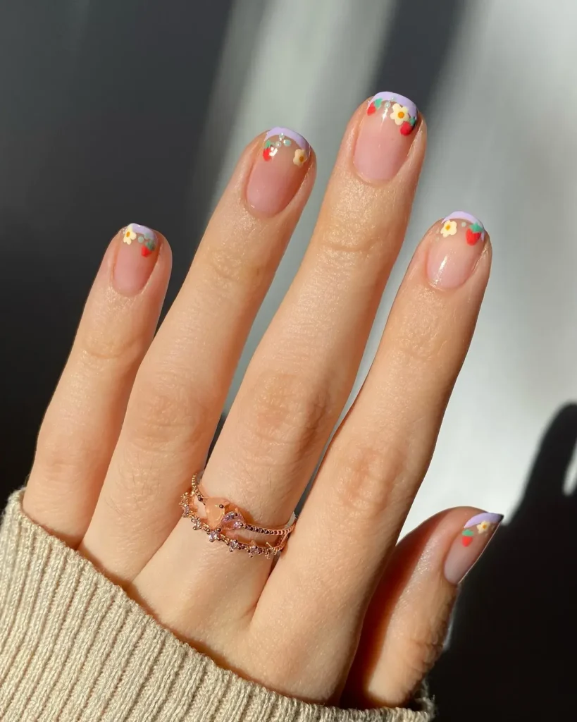floral short french tip nails