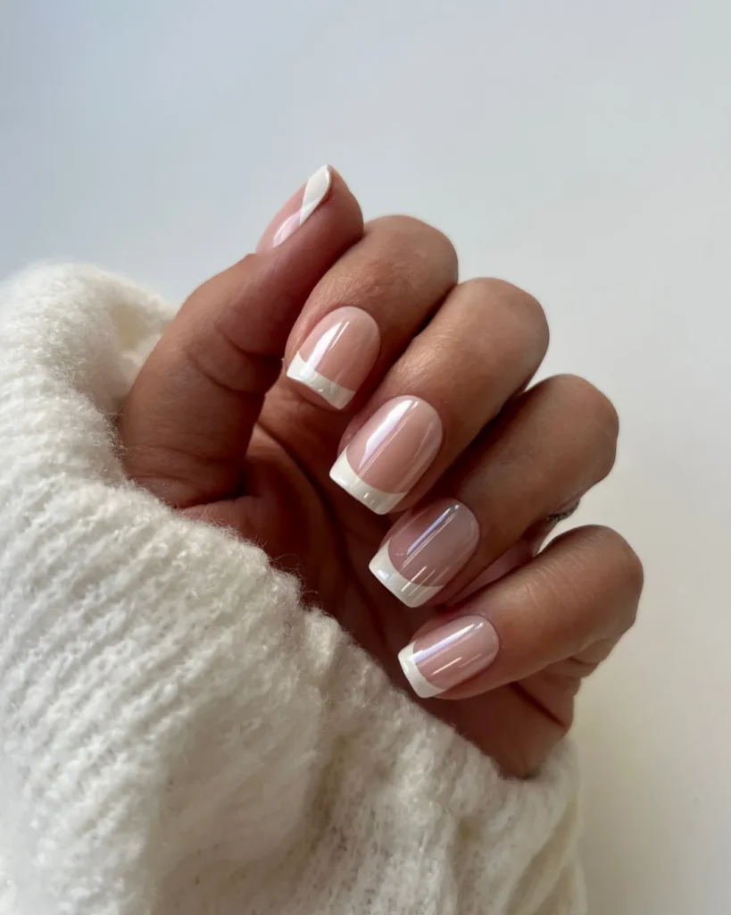 glazed white short french tip nails