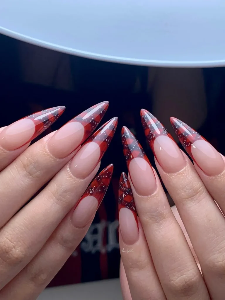 glitter and plaid red french tip nails