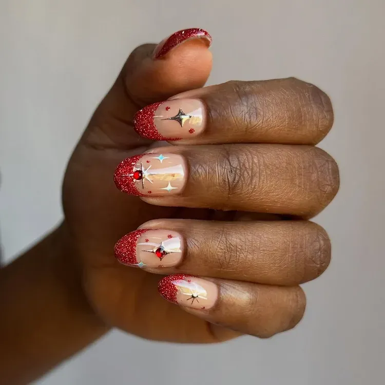 glitter-edged red french tip nails