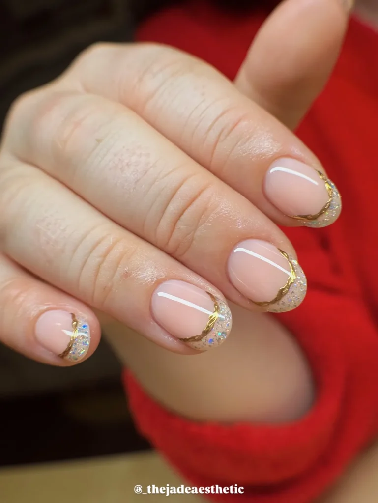 gold bead short french tip nails