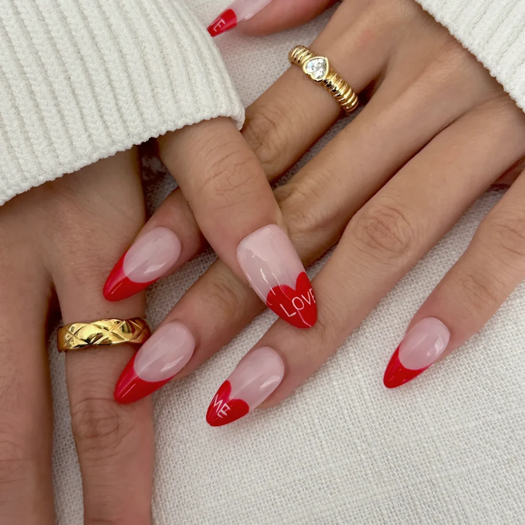 heart accents red french tip nails