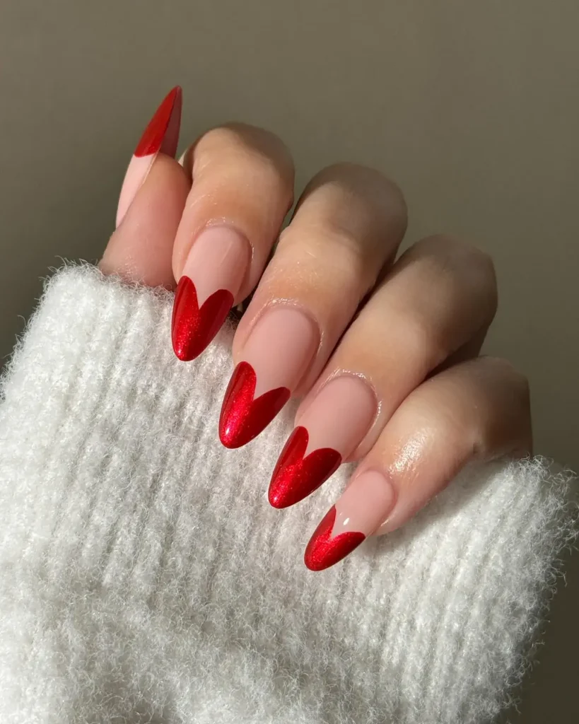 heart jewels red french tip nails