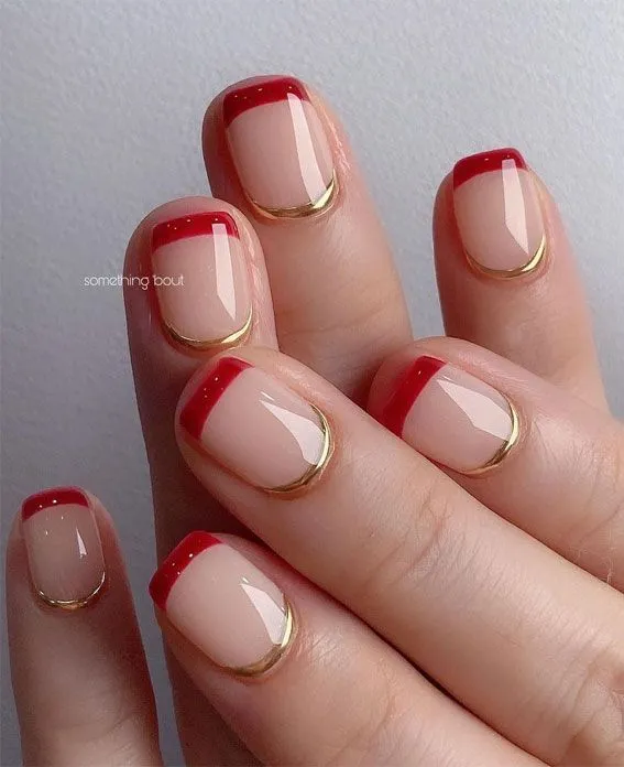 holiday red and gold short french tip nails