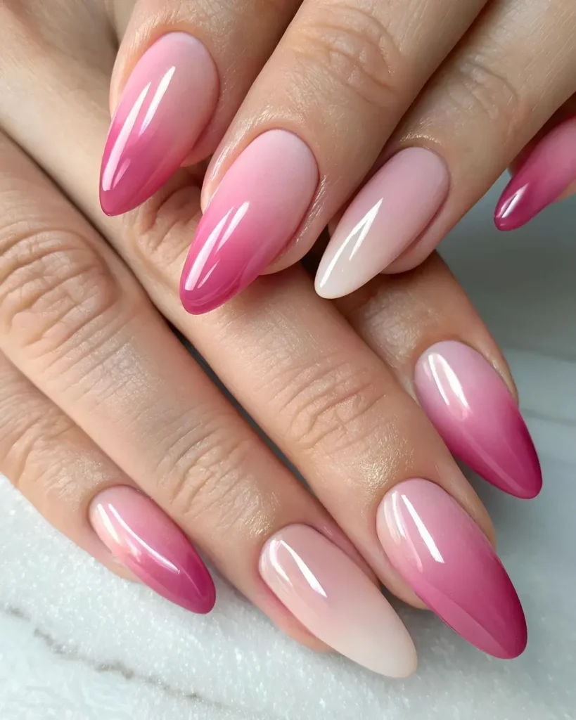 hot pink to white fades french omber nails