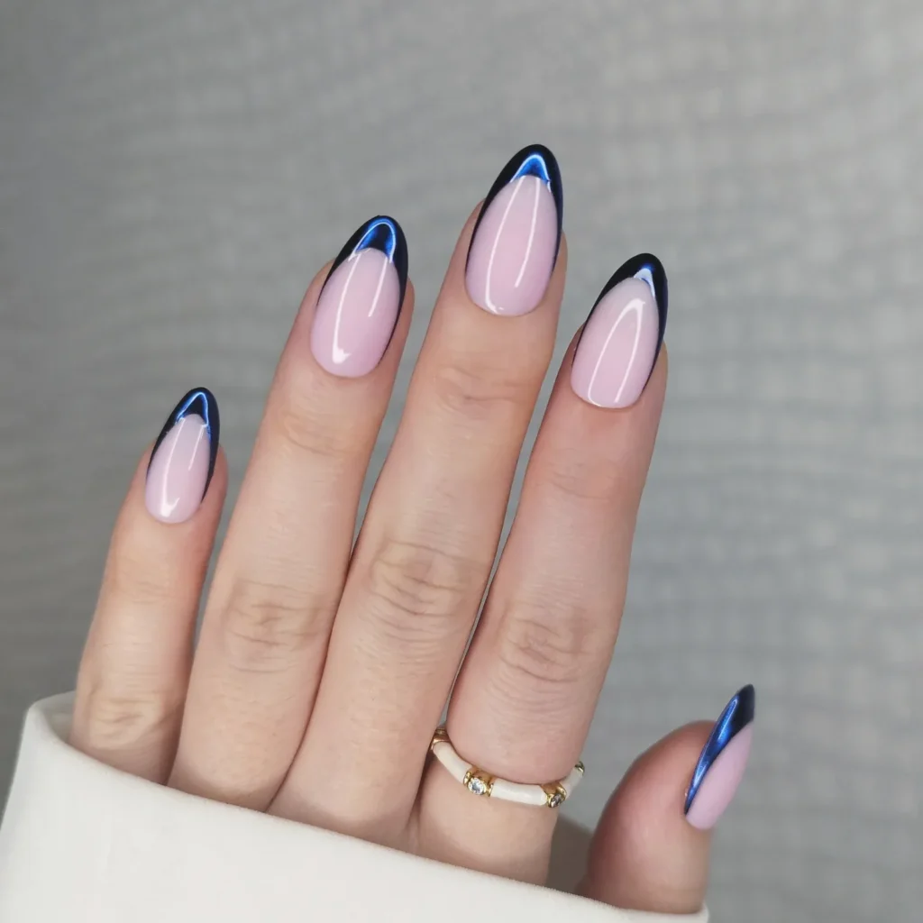 midnight navy chrome french tip nails