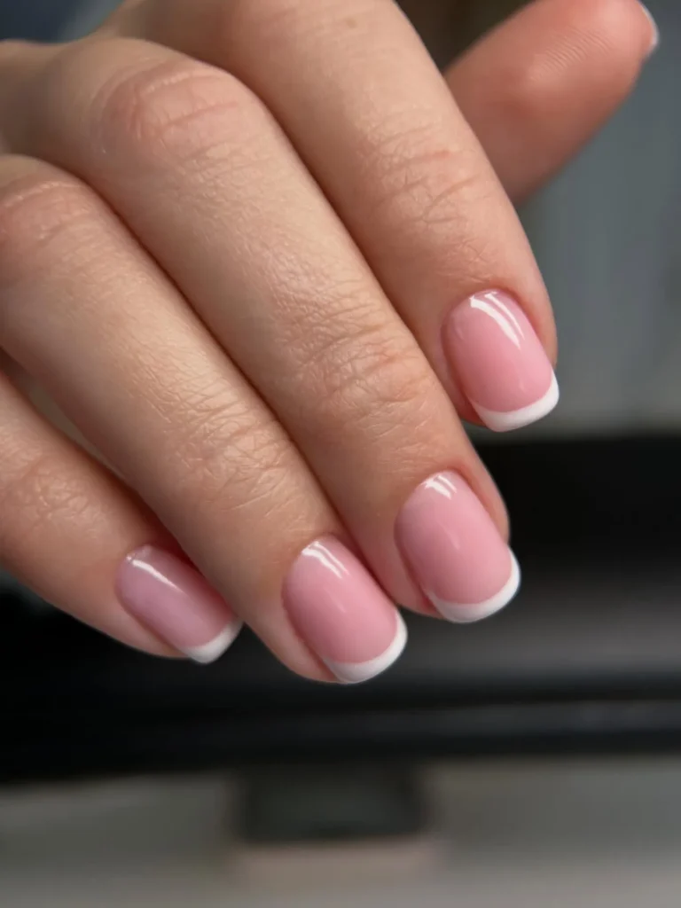 milky pink short french tip nails