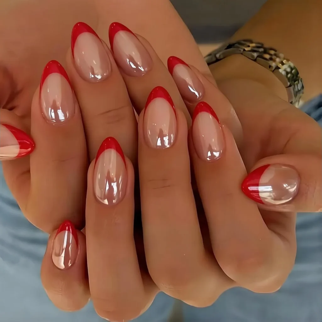 mirror red chrome french tip nails