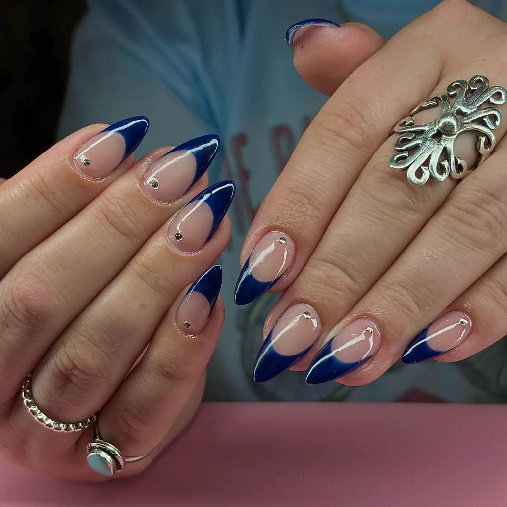 navy studded french tip nails