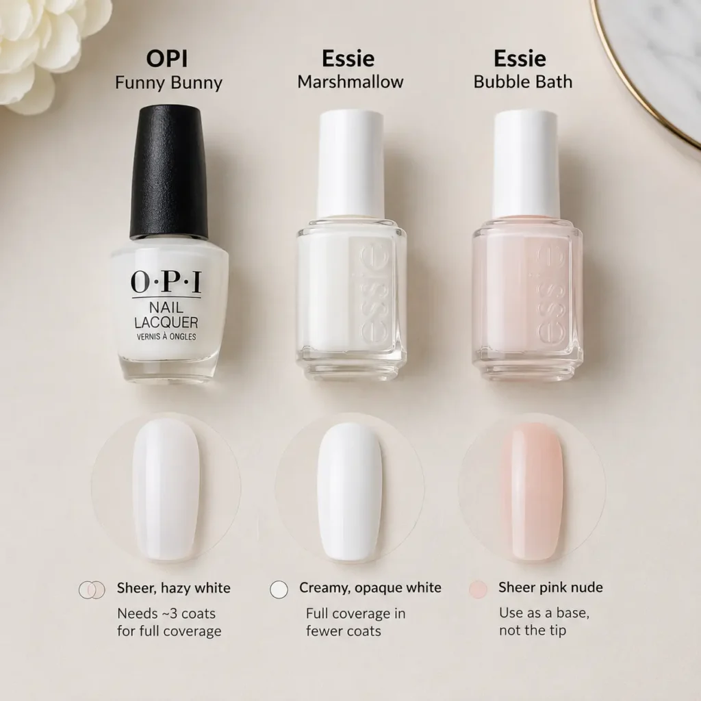 opi funny bunny vs. essie bubble bath vs. essie marshmallows nail color shades