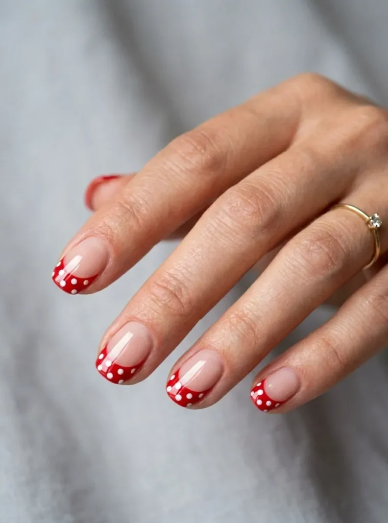 pearl-dotted red french tip nails