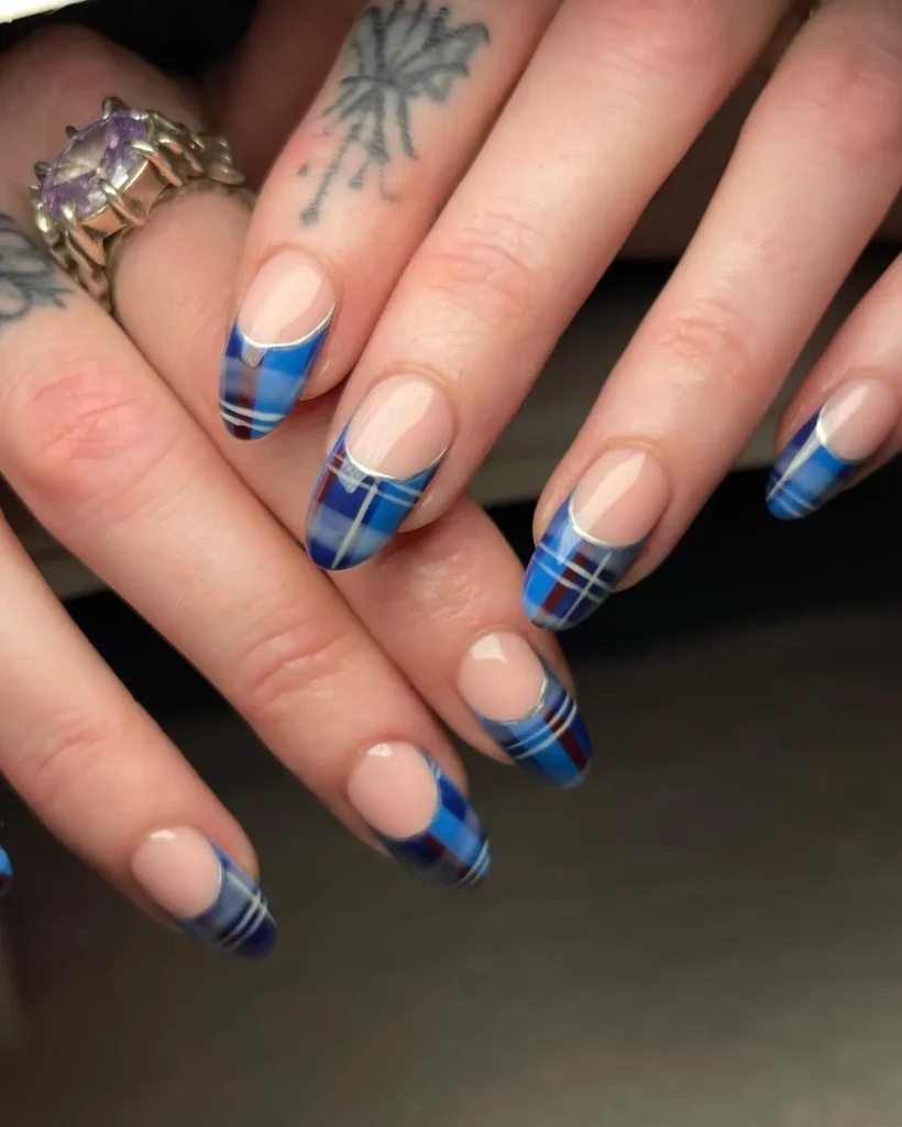 plaid and geometric patterns blue french tip nails